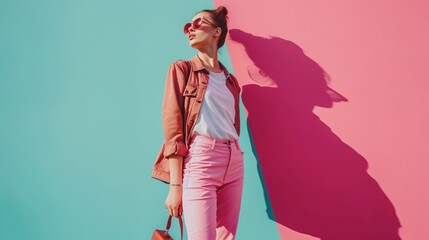 Canvas Print - Fashion model poses against a vibrant two-toned backdrop