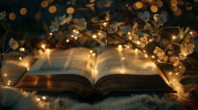 Immerse yourself in the enchanting world of literature with a photograph featuring an illuminated open book emanating a soft glow of lights, evoking a sense of magic and mystery that sparks the imagin