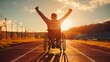 © SA Studio - Celebrate the victory of perseverance as a man in a wheelchair stands on a track, his arms raised high in the air, symbolizing the strength and resilience that enable him to overcome obstacles