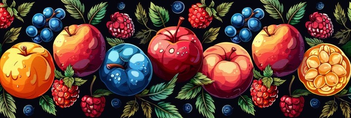 Wall Mural - Colorful Fruit And Berry Abstract Pattern Design On Black Background