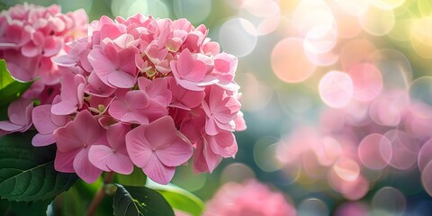 Wall Mural - Enchanting Pink Hydrangea Flower with Isolated Bokeh Background for Text Placement. Concept Flower Photography, Nature Background, Text Overlay, Pink Hydrangea, Bokeh Effect