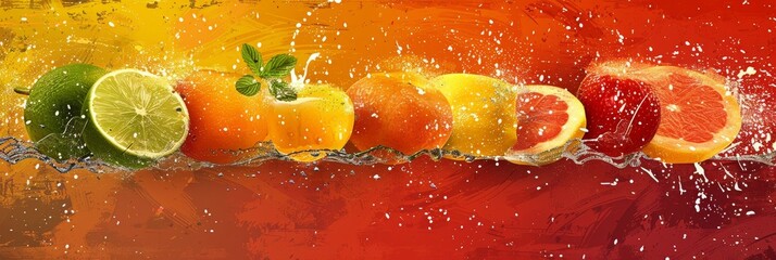 Vibrant Citrus Fruits Splashing in Water on a Red and Yellow Background