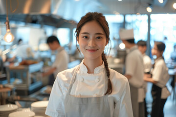 a woman in a kitchen with a lot of people