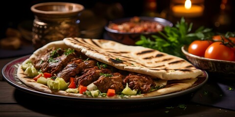 Canvas Print - Authentic Arabic Grilled Delicacies Kebab Dolma and Shawarma Platter. Concept Arabic Cuisine, Grilled Delicacies, Kebab, Dolma, Shawarma, Platter