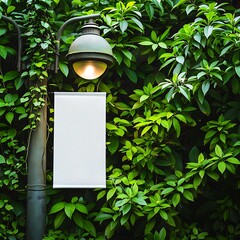 Wall Mural - Vibrant green foliage around a small vertical blank banner on a lamppost.