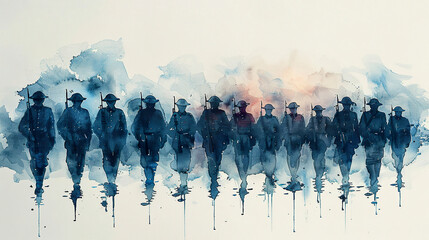 Soldiers marching to war silhouette painting. Generated by AI