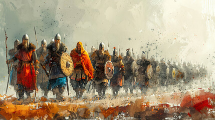 Wall Mural - A Viking army marches to war. Generated by AI