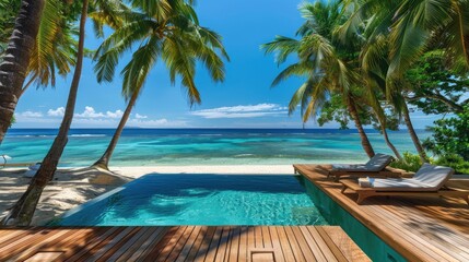 Wall Mural - Tropical Paradise: Palm Trees and Infinity Pool Overlooking the Azure Ocean