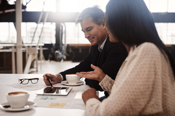 Aufkleber - Business meeting, people and performance review with tablet, paperwork and hr manager for advice. Corporate group, team building and employee appraisal with tech for sales feedback and support