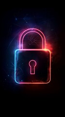 Poster - Neon padlock on digital abstract background, cybersecurity concept