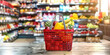 © Planetz - Shopping cart filled with a variety of fresh groceries in a supermarket aisle. The cart contains fruits, vegetables, meats, canned goods, and beverages,grocery shopping experience..