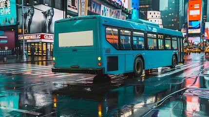 Rainy urban scene, teal blue bus with blank ad.