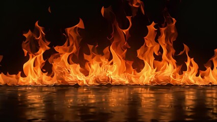 Poster - A photograph of a line of fire flames burning against a black background, reflecting in a dark surface.