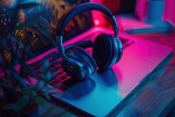 Stylish headphones resting on an illuminated laptop desk at night