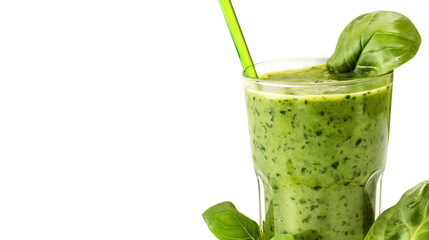 Glass of green smoothie with straws isolated on transparent background