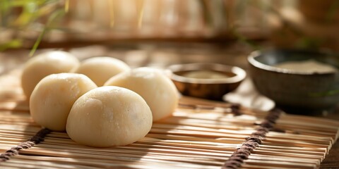 This close-up image shows several traditional Japanese mochi rice cakes on a bamboo mat, capturing the essence of Japanese culinary art with natural light creating a warm atmosphere.