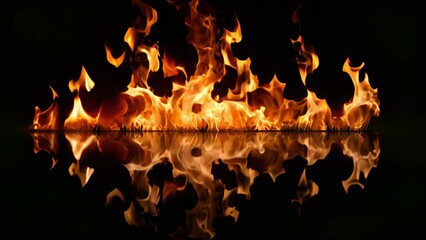 Poster - An image of a long line of flames reflecting on a black surface. The flames are orange and yellow and appear to be dancing.