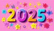 © Anna - Vibrant illustration of the number 2025 surrounded by various doodles of stars, flowers, and smiley faces on a pink background.