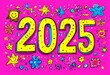 © Anna - Vibrant illustration of the number 2025 surrounded by various doodles of stars, flowers, and smiley faces on a pink background.