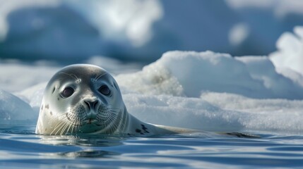 Wall Mural - A seal peeking out of a melt pond its fur glistening in the sunlight.