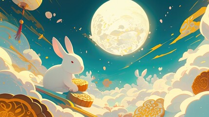 In this whimsical 2d illustration for the Mid Autumn Festival a rabbit gazes up at the moon in the sky amidst a backdrop of delicious mooncakes