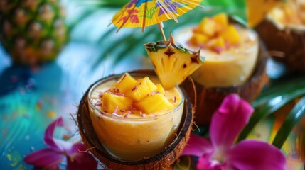 Aufkleber - A tropical fruit smoothie with mango, pineapple, and coconut milk, served in a coconut shell with a cocktail umbrella.