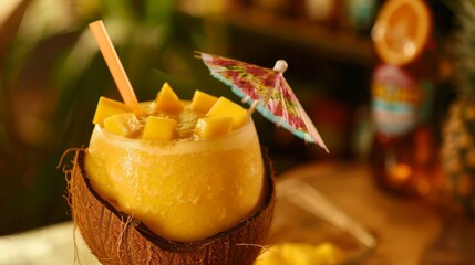 Aufkleber - A tropical fruit smoothie with mango, pineapple, and coconut milk, served in a coconut shell with a cocktail umbrella.