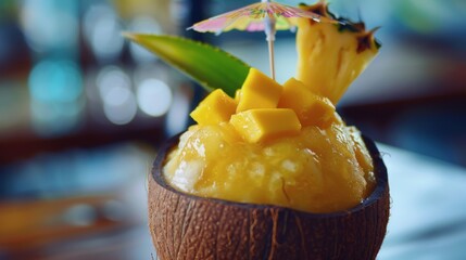 Aufkleber - A tropical fruit smoothie with mango, pineapple, and coconut milk, served in a coconut shell with a cocktail umbrella.