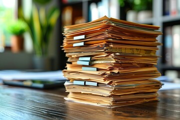 A large stack of accounting documents sits on a wooden desk in an office