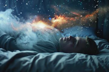Wall Mural - A person lying in bed, with an ethereal glow around them; A dark room filled with swirling cosmic energy and stars