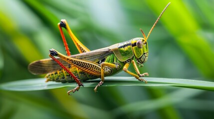 Poster - A vibrant grasshopper perched on a green leaf, ready to leap into action.