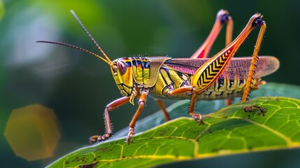 Poster - A vibrant grasshopper perched on a green leaf, ready to leap into action.