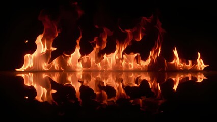 Poster - A close-up image of flames burning brightly against a black background, reflecting on a smooth surface.