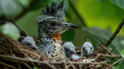 Wall Mural - bird with its chicks in the nest