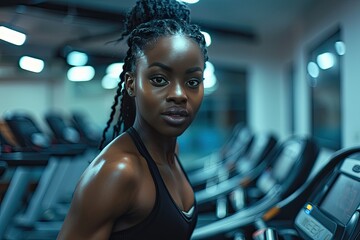 Wall Mural - A woman with dreadlocks is on a treadmill. The image is in black and white. The woman is smiling and looking at the camera