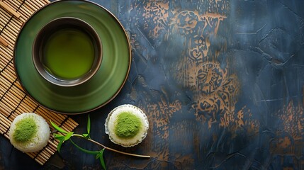 Warabi rice cake and green teaTraditional Japanese dessertbirdseye view : Generative AI