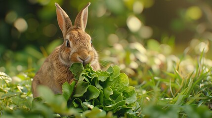 A rabbit munching on fresh lettuce in a garden.