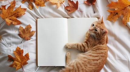 Autumn background notebook and cat 