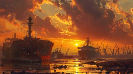 Wall Mural - Sunset over a bustling shipbreaking yard with colossal vessels