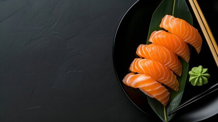 Wall Mural - Sashimi Salmon Japanese food chopsticks and wasabi on the black table : Generative AI