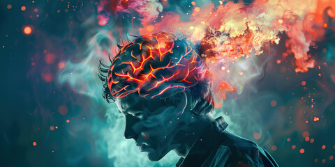 Wall Mural - Depression: The Persistent Sadness and Loss of Interest - Picture a person with highlighted brain showing chemical imbalance, experiencing persistent sadness and loss of interest,