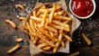 © familymedia - Salted french fries in a paper wrap with ketchup dip on a weathered wooden surface