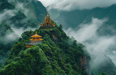 Wall Mural - Monastery in China, with the surrounding mountain peaks shrouded in clouds and mist. The monastery is nestled on top of an ancient rocky peak surrounded by lush greenery
