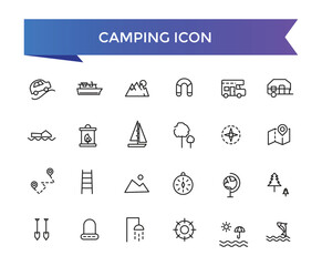 Wall Mural - Camping icon collection. Camp, tent, fishing, nature, picnic table, forest, campfire, hiking and more. Vector Line icons set.