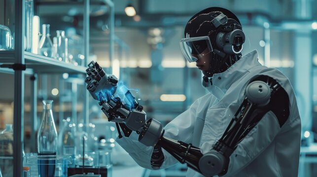 Cyborg man intelligent scientist working on industrial robot production in laboratory office