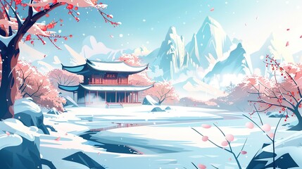 Sticker - winter scenery in Asian countries, such as Japan, Korea and China. Cartoon or anime illustration style