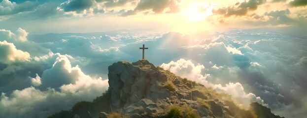 Wall Mural - Crucifix at the top of a Mountain with Sunlight Breaking through the Clouds. Inspirational Christian Image. 4K Video
