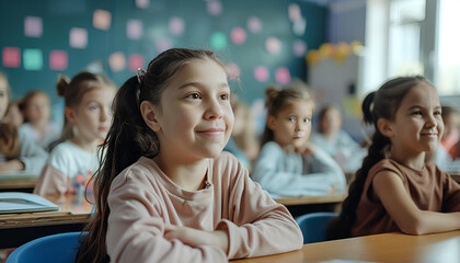 Wall Mural - Schoolgirl sitting in classroom during lesson in elementary school. High quality photo