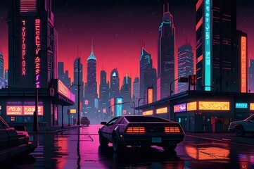 A night city in the 80s and 90s. cityscape at night with neon light.