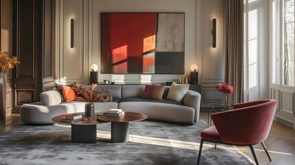 Wall Mural - 2. Against a backdrop of modern elegance, a crimson poster frame mockup takes center stage in a tastefully decorated living room, serving as a chic focal point that seamlessly integrates with the